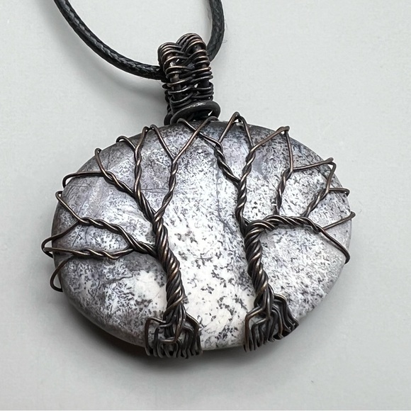 New Dendritic Opal Stone Wire Wrapped Tree of Life Pendant Necklace with Cord - Picture 2 of 5